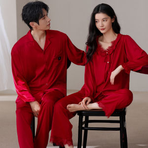 Miiow | Couples Ice Silk Sleepwear Three-Piece Set Womens Red Wedding Home Clothes Suit Autumn Winter Long Sleeve Comfortable Breathable