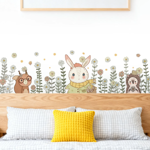 Decal giấy dán tường trẻ em Thỏ-Cú-Nhím trong vườn hoa Có keo sẵn-Trang trí nhà cửa