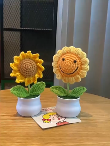Handmade Crochet Potted Flowers Sunflower and Tulip Aesthetic Decor for Desk Office Car Christmas & Birthday Gift