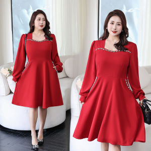 Korean Style Red Celebration Dinner 300 Pounds Autumn Winter New Slimming New Year Long Sleeve Base Dress A-Line Skirt Polyester