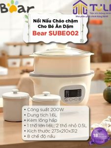 Nồi Nấu Cháo Chậm Cho Bé Bear 1.6L SUBE002 Bản Tiếng Việt_Hầm Ninh Cháo Đa Năng Có Lồng Hấp  Tự động Giữ ấm BH 18 Tháng