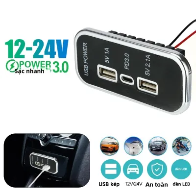 Sạc Xe Hơi 2 Cổng USB Ổ Cắm 24V 12V PD Type-C 2.1A 1A Cho Xe Máy Tự Động Xe Tải ATV Thuyền RV Bus Bộ Chuyển Đổi Nguồn Điện Ổ Cắm