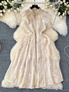 New Chinese Style High End Womens Dress Embroidered Waist Cinching Button up National Fashion Long Evening Gown