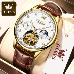OLEVS mechanical watch for men original genuine leather 30m waterproof stopwatch luminous hollow multi function dial fashion business casual watch for mens