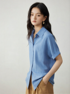 YAKEJIA | Prussian Blue Linen Summer Short Sleeve Shirt for Women