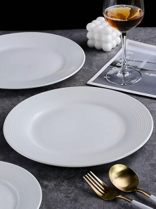Cabify Ceramic White Round Thick Porcelain Threaded Plate Serving Western Food Rice Fruit Heat Resistance Tableware