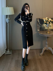 French Long Sleeve Draped Dress Womens Autumn Slimming Elegant Design High-End Fashion Youthful Skirt Commute Korean Style Splice High Waist