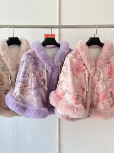 Wedding Celebration Short Thickened Fleece Lined Chinese Style Coat Cloak Shoulder Shawl Autumn Winter Warm Floral Patterned for Women