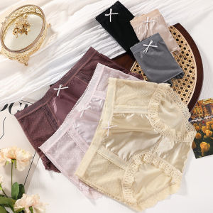 กางเกงชั้นในผู้หญิงเอวกลางเซ็กซี่ลูกไม้ ผ้าบางใส่สบาย กางเกงในแบบกึ่งโปร่งแสง แต่งโบว์ นุ่ม ระบายอากาศดี