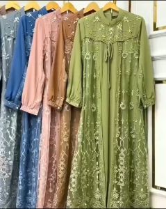Gamis Wanita Mewah Nadhira Dress Bahan Ceruty Babydoll Ukuran M L XL XXL XXXL LD 100-130 CM Dress Pesta Kondangan Elegant Fashion Hijab Depan Full Brukat Warna Birel Black Blue Dusty Milo Mocca Purple SageGreen