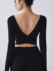 Autumn Winter Cross Back Long Sleeve Womens One-Piece Fixed Cup Slimming Open Back Squared Neck Yoga Outfit