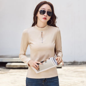Slim Fit Pure Cotton Long Sleeve Base Shirt Womens Inner Wear Half High Collar T-Shirt Hollow out Design for Slimming Effect Autumn Top