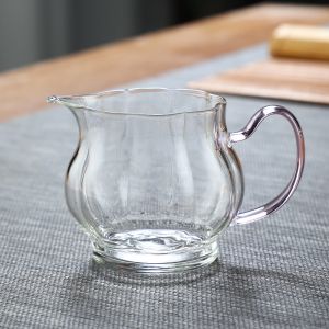 Heat Resistant Transparent Glass Gongfu Tea Set Plum Blossom Design Tea Ocean Public Cup with Handle Watermelon Grooved Cup
