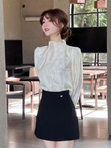 Kaka Womens French Nailhead Stand Collar Slimming Shirt Pumpkin Skirt Set Korean Style Loose Fit Long Sleeve Pure Color