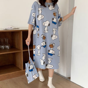 Summer Cartoon Loose plus Size Short Sleeve Sleepwear Womens Nightgown Thin Fabric Comfortable Home Clothes Milk Silk