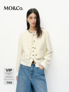 MO&Co. | Color Block Tweed Boxy Short Jacket with Folded Cuff