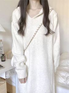 Long Base Knitting Dress Womens Autumn and Winter Match with Coat Inner Wear Loose and Idle Hooded Sweatshirt Sweater Skirt