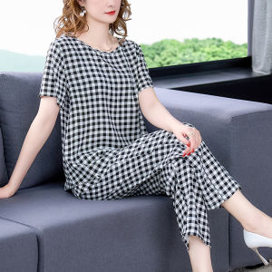 Ladies Cotton Silk Home Wear Two-Piece Set Summer Loose Short Sleeve Wide Leg Pants Comfortable Breathable Casual Outfit