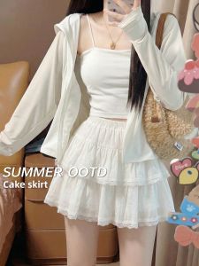 XIANYIJIAO | White Lace Short Flared Skirt High Waist Slimming A-line Cake Dress