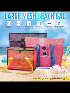 Mesh Beach Bag Tote Bag for Women Swim Large Beach Bag with Multiple Pockets for Family Toys & Vacation Foldable Beach Accessories Storage Bag Vacation Essentials