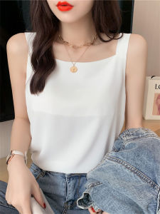 เสื้อกั๊กผ้าชีฟองหลวมๆ คอเหลี่ยมแขนกุดสำหรับผู้หญิง สไตล์ทำงาน ฤดูร้อน 2024 เสื้อเชิ้ตทรงเข้ารูปแบบลำลอง