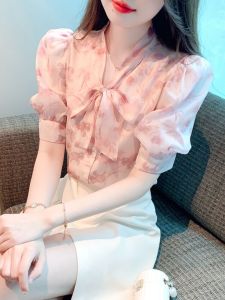 Gentle Style French Style Floral Tops Womens Summer Lace-up Bows Chiffon Shirt Chic Beautiful Western Style Small Shirt