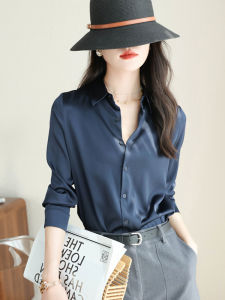 เสื้อเชิ้ตผู้หญิงผ้าซาตินทรงหลวมแขนยาวสไตล์ฝรั่งเศส ฤดูใบไม้ผลิและฤดูใบไม้ร่วง เสื้อทำงาน OL ทรงเข้ารูป