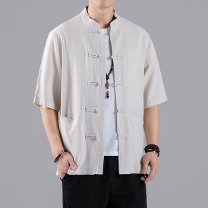 Premium Chinese Style Cotton Linen Mens Shirt Half Sleeve Summer Fashion Short Sleeve Premium Tang Costume Button up Top