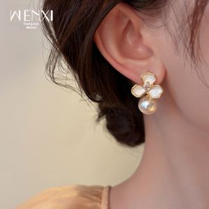 WENXI | Bông Tai Bốn Lá Clover Mạ Men Trắng