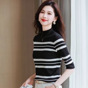 Womens Short Sleeve Striped Knitwear Half High Collar Slim Fit Style Commute Fashion Autumn Season Inner Wear Base Shirt