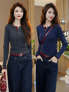 American Fashionable Influencer Picks Patchwork Contrast Color Half-Open Collar Long Sleeves T-shirt Female Slim Looking Stretch Silm Fall and Winter Inner Wear