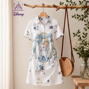 Disney | Elegant Women Dresses for Woman A-line New Beach Dress Womens Disney Princess Print Polo Collar Mini Dress Fashion Streetwear