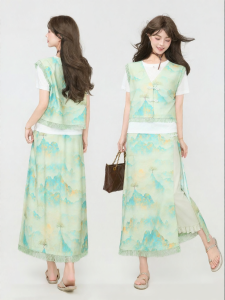 KEIKO | Elegant Oriental Shimmer Satin Summer New Chinese Style Sleeveless Top and Skirt Set