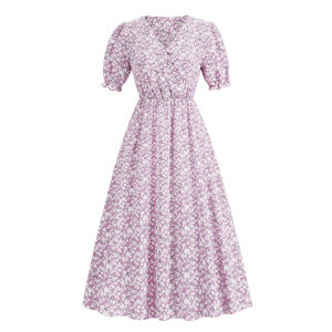 Summer New Vintage Floral Print V-Neck Puffy Sleeve Waist-Cinching Short-Sleeve Dress High-Waisted Slimming Skirt for Women