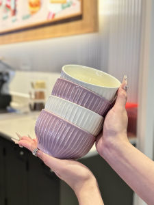 Delightful Ceramic Rice Bowl Vertical Stripe Design Purple Soup Bowl Elegant Dining Utensil Soft Cute Trendy Style Affordable Price