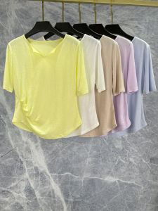 เสื้อยืดโยคะแบบบาง แขนสั้น แห้งเร็ว สำหรับผู้หญิง ใส่กลางแจ้ง ออกกำลังกาย วิ่ง ลำลอง ฤดูร้อน ผ้าฝ้ายอะซิเตท ระบายอากาศได้ดี