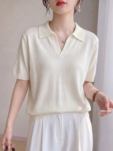 YUEXINYIRONG | French Simple Style Polo Collar Ice Hemp Knit T-shirt