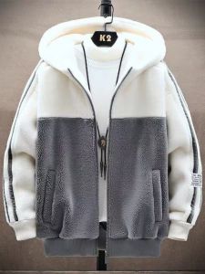 Lamb Velvet Hooded Jacket Mens Casual Winter Fashion Brand Particle Velvet Sweater Loose Fit Long Sleeve Zipper Closure Coat