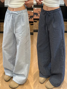 Blue Plaid High Waist Wide Leg Pants Womens Summer Thin Loose Casual Straight Cut Trousers Breathable Comfortable Korean Style