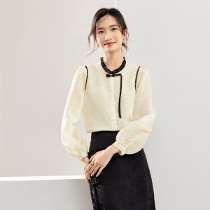 New Chinese Style Color Block Lantern Sleeve Shirt Womens Small Size Cheongsam Style Top National Trend Horse Face Skirt