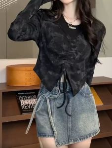 Halter neck faux two-piece irregular long-sleeved T-shirt for women plus size slimming short top for autumn.