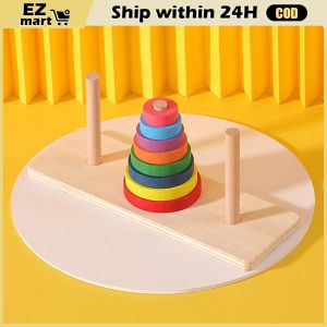 Tower Of Hanoi Rainbow Stacking Toy Ring Blocks Wooden Stacker Childrens Toys Montessori Sensory Baby Shape Sorter Children’s
