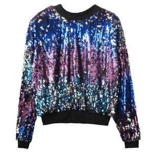 Ozhouzhan Spring and Autumn Stage Performance Wear Shiny Focus Gradient Sequined round Neck Pullover Long sleeve Short Hoodie Outerwear