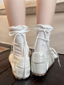 White Cotton Mid-Calf Socks Womens Summer Thin Lace Butterfly Knot Long Socks Pure Cotton Ballet Style Over-The-Knee Socks