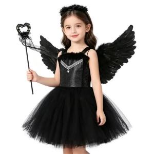 Solid Black Dark Angel Costumes for Girls Halloween Nightmare Tutu Dress with Feathers Wings Children Carnival Disguise Outfit