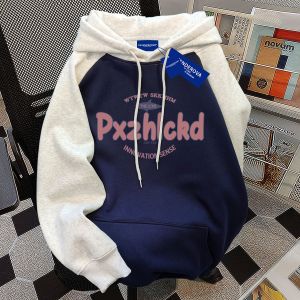 Retro American Letter Print Hoodie Womens Oversize Fleece Lined Patchwork Sweatshirt Loose Couple Color Block Top