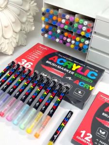 24/48 Colors Acrylic Marker Pen for Rock Painting Brush Tip Paint Markers Art Supplies Fabric Markers Waterproof Paint