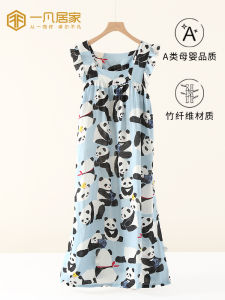 Bamboo Fiber Womens Summer Lightweight Sleeveless Sleepwear with Chest Pad Short Pants Home Clothes Cartoon Panda Design