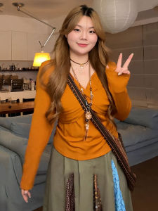 plus Size V-Neck Waist-Cinching Long Sleeve T-Shirt Womens Slim Fit Casual Style Princess Brand Autumn New Arrival