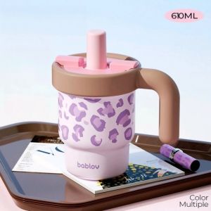 JUSTINLAU | Bablov 610ml Insulated Mug 316 Stainless Steel Cute Straw Cup Desktop Coffee Cups Leopard Print Home Travel Tumbler Girl Gifts